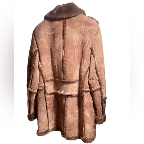 Vintage Brown leather Shearling style Slim Fit 2 pocket long sleeve Coat 44 - Picture 2 of 8